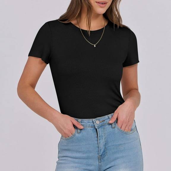 Clearance! Delayuji Womens Thermal Tops Women's Short Sleeve Neck Ribbed Knit Casual Tops Tee Summer Slim Basic Shirts Womens Thermal Tops Long Sleeve Black L