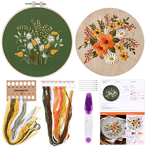 2 Sets Full Range Embroidery Starter Kit with Pattern and Instructions Cross Stitch Kit Includes 2 Pcs Embroidery Clothes with Floral Pattern,1 Pcs Plastic Embroidery Hoops,1 Pcs Scissor