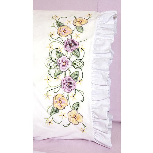 Fairway Needlecraft Pansy Stamped Lace Edge Pillowcase Pair, 30" x 20