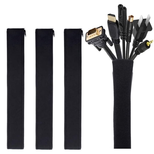 Paquete de 3 fundas para gestión de cables, sistema organizador de cables con cremallera para TV, ordenador, oficina, entretenimiento en el hogar