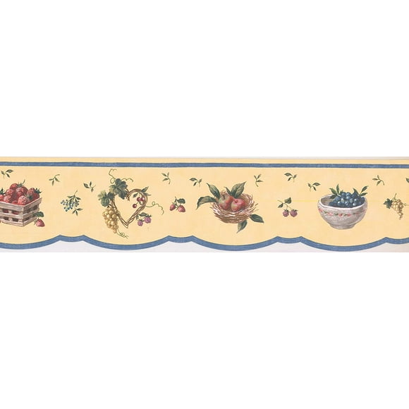 Concord Wallcoverings Wallpaper Border Fruit Pattern Apples Grapes Strawberries Raspberries, Die Cut Edge for Cottage Kitchen Dining Room, Yellow Blue Red Green, 15 Feet by 4.5 Inches 5505671