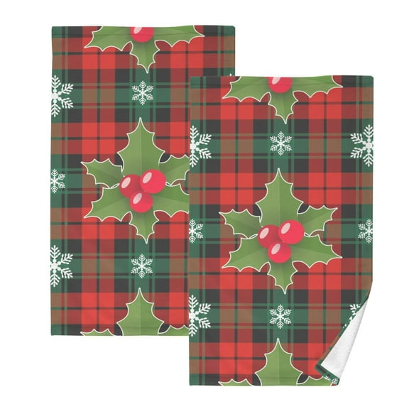 Christmas Red and Green Plaid Bath Hand Towels 2 Pcs Absorbent Face Towel Soft Breathable Cotton Towel Set for Bathroom Kitchen Hotel Spa Decor