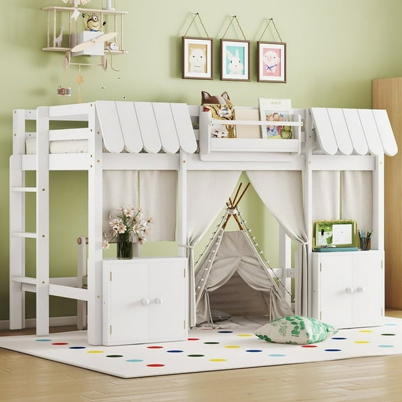 Bellemave Low Loft Bed with Storage Cabinet, Twin Size Loft Bed with Curtain and Bookcase,Wood Loft Under-Bed with Play Space (White)