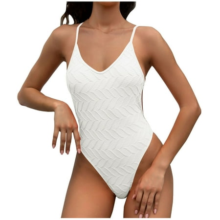 TrendVibe365 Cute Swimsuits for Women White One Piece Bathing Suits Thong Crossed Straps Solid Swimwear Beachwear L