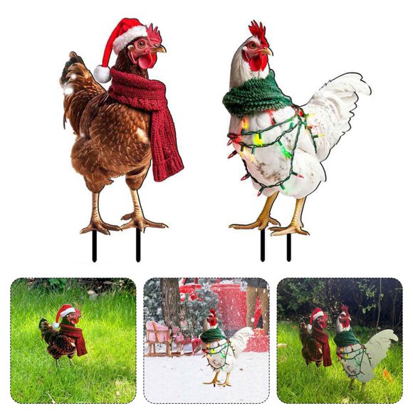 2pcs Christmas Chicken Garden Insert Art Decoration Merry Christmas Sign Indoor Happy Easter Garden Flag with Pole Seasonal Garden Flags Set Garden for Support Happy Birthday Banner for Men