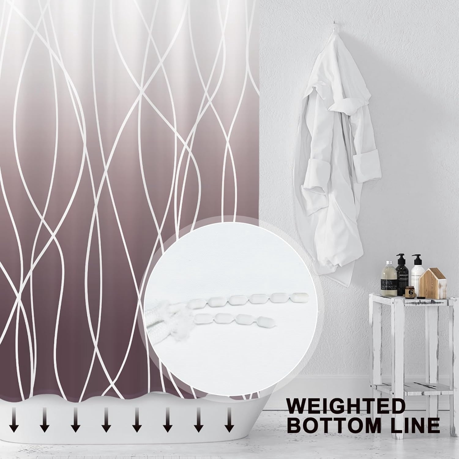 Burgundy Striped Fabric Shower Curtain for Bathroom with 12 Hooks, Shower Curtains for Bathroom, Waterproof Bath Accessories Hotel Style - Machine Washable 72 X 72