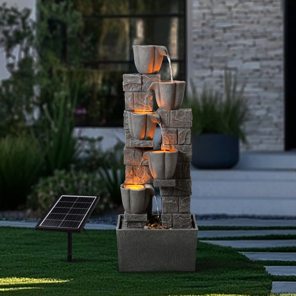 WarmGarden Solar Powered Water Fountain with Tulip Design – Natural Grey Outdoor Garden Fountain | Eco-Friendly & Decorative