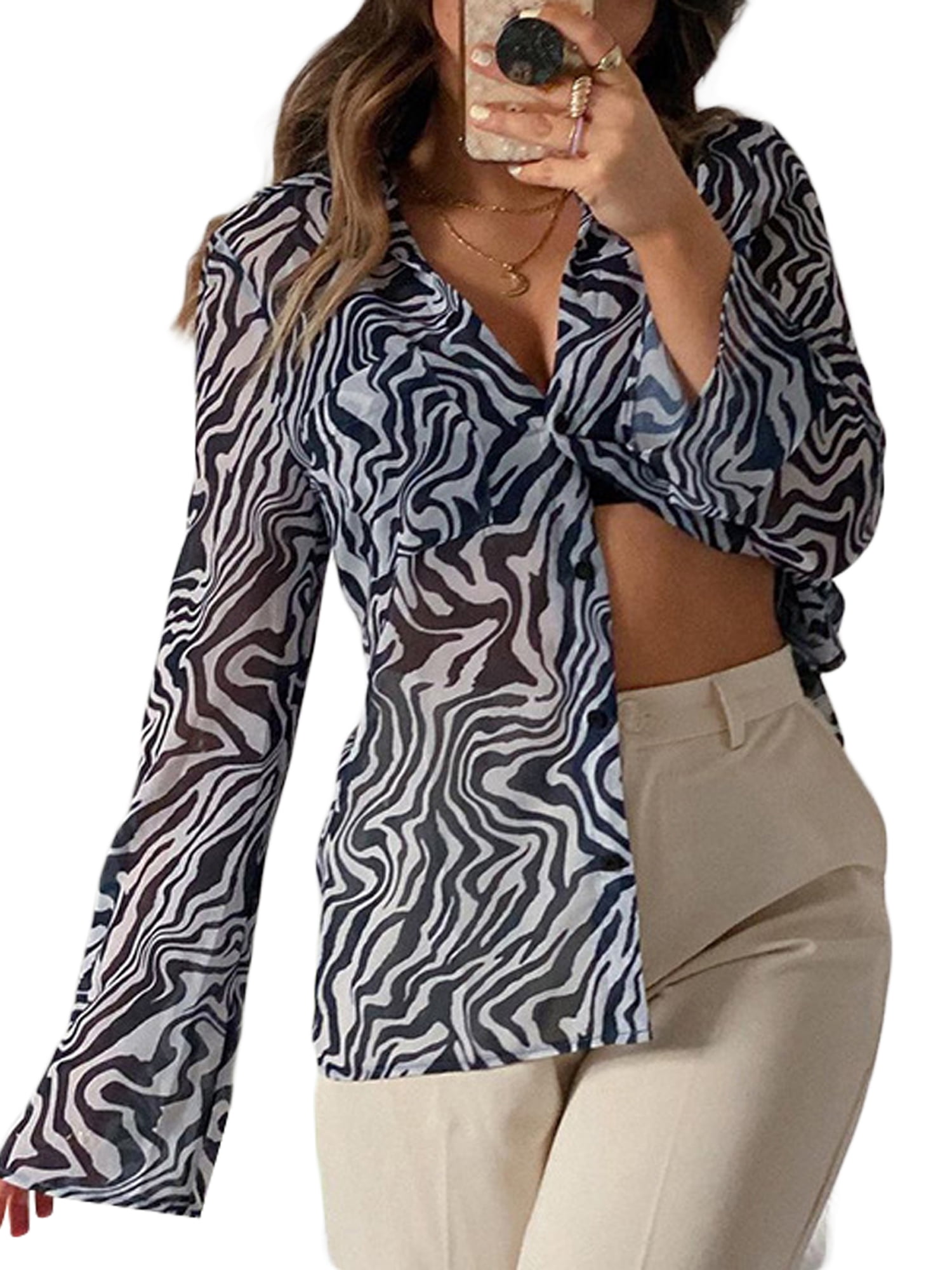 Women Long Sleeve Casual Blouse Ladies Zebra Striped Printed Buttons Shirt Tops 