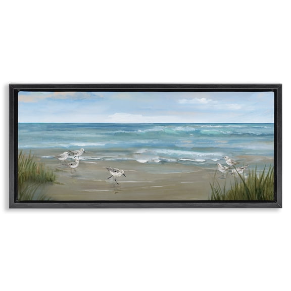 Stupell Industries Traditional Sandpiper View on Beach Black Floating Frame Canvas Art, 25 x 11, by Nan