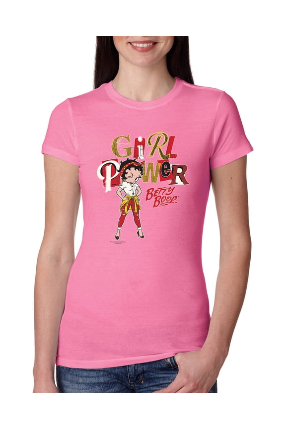 , Betty Boop Winking Girl Power Femenist Betty Boop Womens Slim Fit Junior Tee, Hot Pink, Large