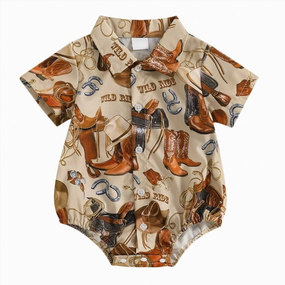CAICJ98 Western Baby Boy Clothes Cowboy Shirt Romper Long/Short Sleeve Button Down Dress Bodysuit Infant Gentleman Outfits (Brown,6-12 Months)
