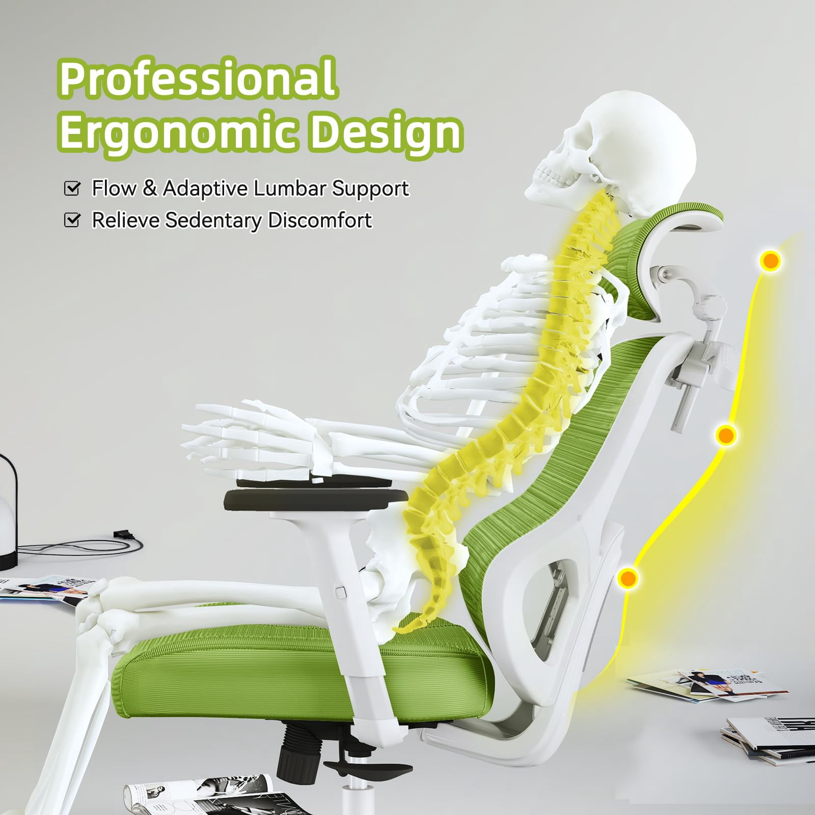 Ergonomic Office Chair With adjustable Lumbar Support, Breathable Mesh, Rotating tilt Lock, Green