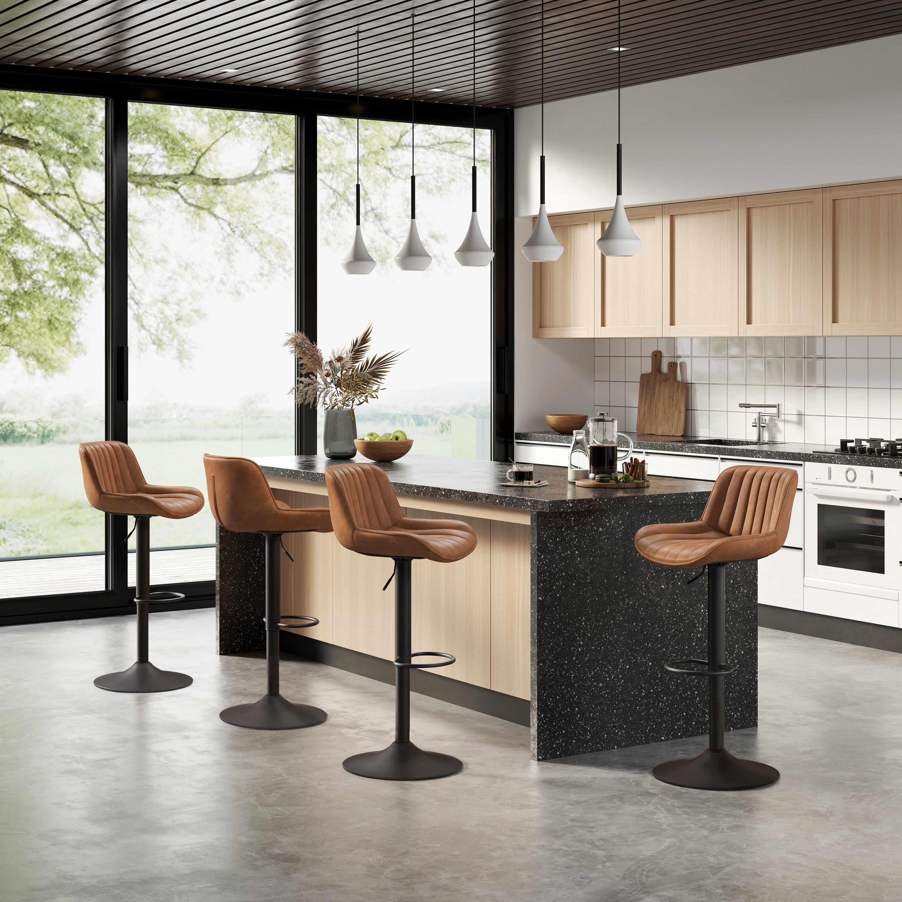 Art Leon Rustic Bar Stools Set of 2, Faux Leather with Backrest Chrome Legs, Upholstered Swivel Kitchen Stools, Yellow Brown