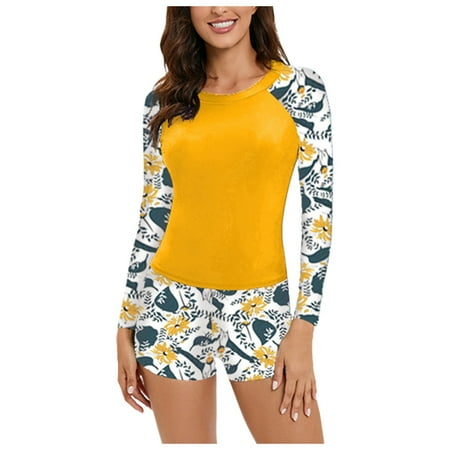 Tankini Swimsuits For Women Tummy Control Long Sleeve Split : Conservative Sporty With Printed Patchwork Surfing & Beach Full Coverage Tankinis Swimwear For Women Swim Suits Yellow XL
