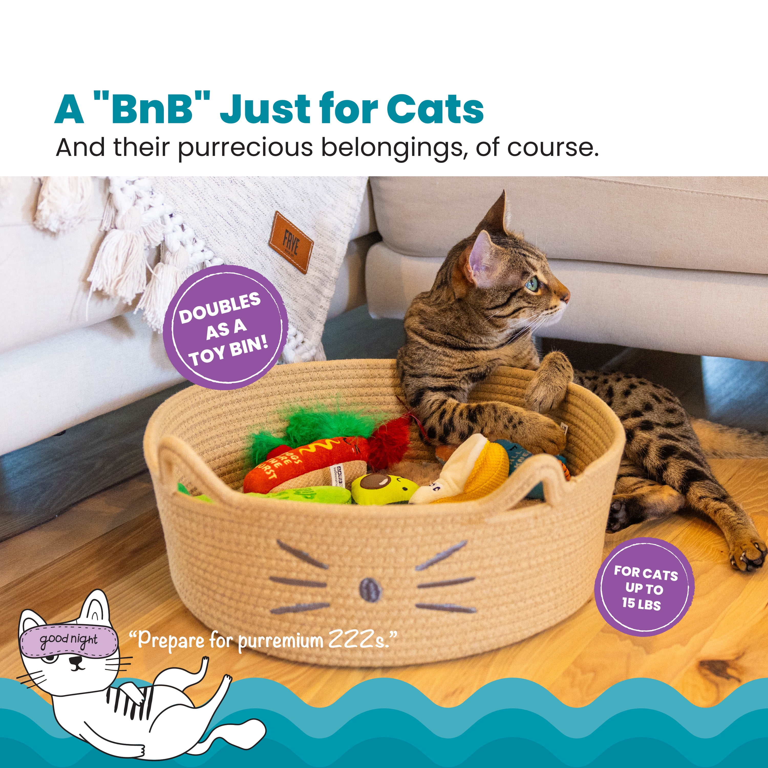 Catstages Bed & Basket Retreat 2-in-1 Cat Bed with Removable Cushion, Plush Cotton Rope, Tan, 15 in – Versatile Pet Bed and Toy Storage Basket