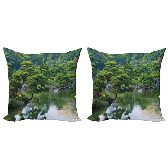 Ambesonne Nature Throw Pillow Cover 2 Pack, River Landscape Trees, 20", Green