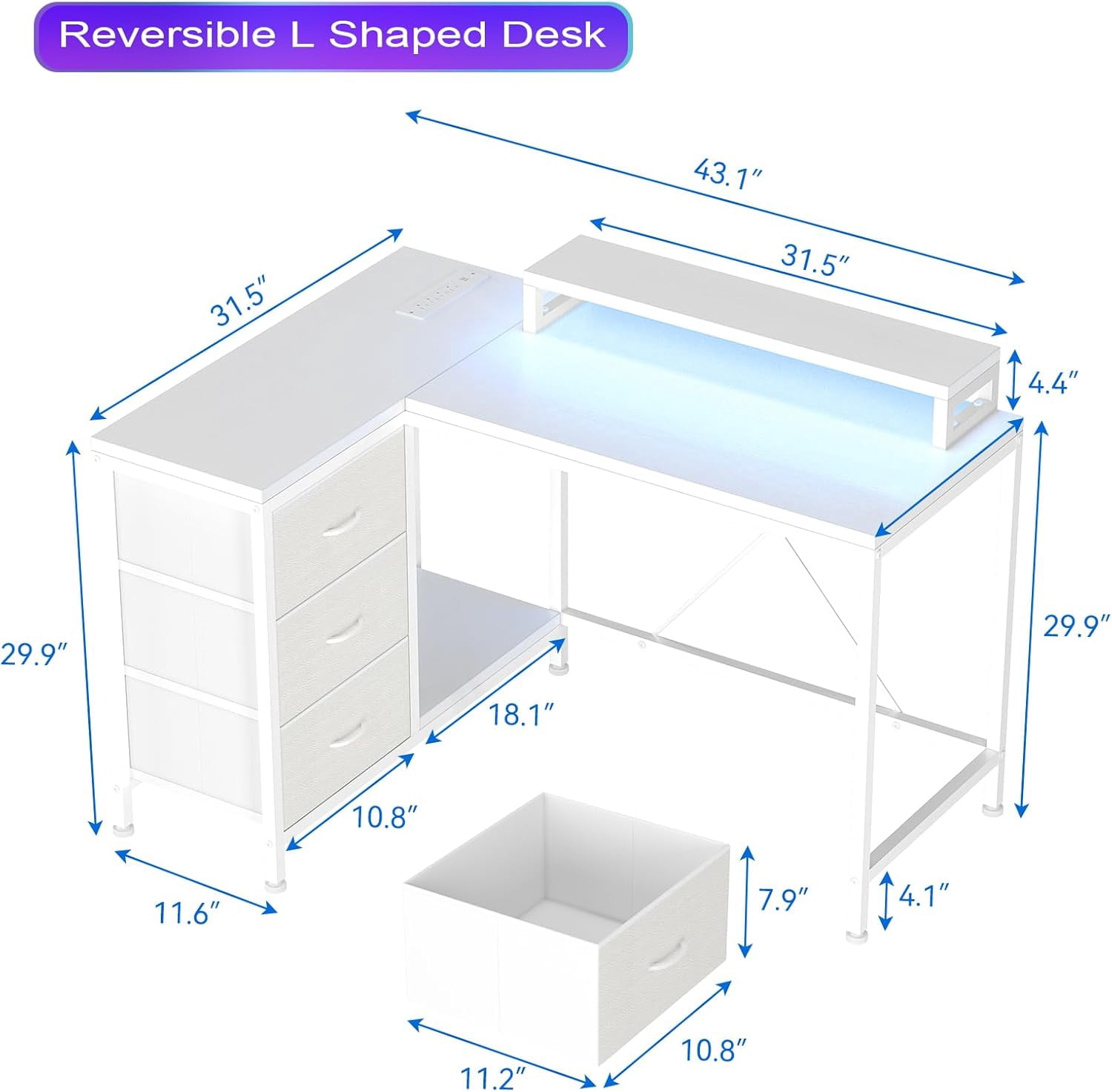 43" L-Shaped Computer Desk with 4 Power Outlets and 7-Color Led Lights, 3-Drawer Gaming Desk