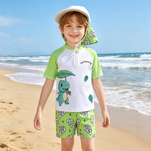 Toddler Swimsuit Boy Size 2-3Y Youth Three Piece Swim Set Cartoon Dinosaur Print Hooded Sun Top with Trunks Cap Toddler Boys Swim Set