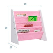 Wildkin Canvas Sling Book Shelf for Boys and Girls, Wooden Design Features Four Shelves - White w/ Pink