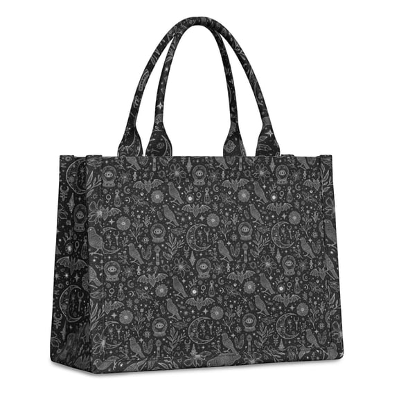 Large Capacity Tote Bag,Black White Gothic Crystal Ball Bird Bat Pattern Handbag Fashion Luxury Tote Bag,15.7"x13"x 5.1" Inches,Laptop Compatible