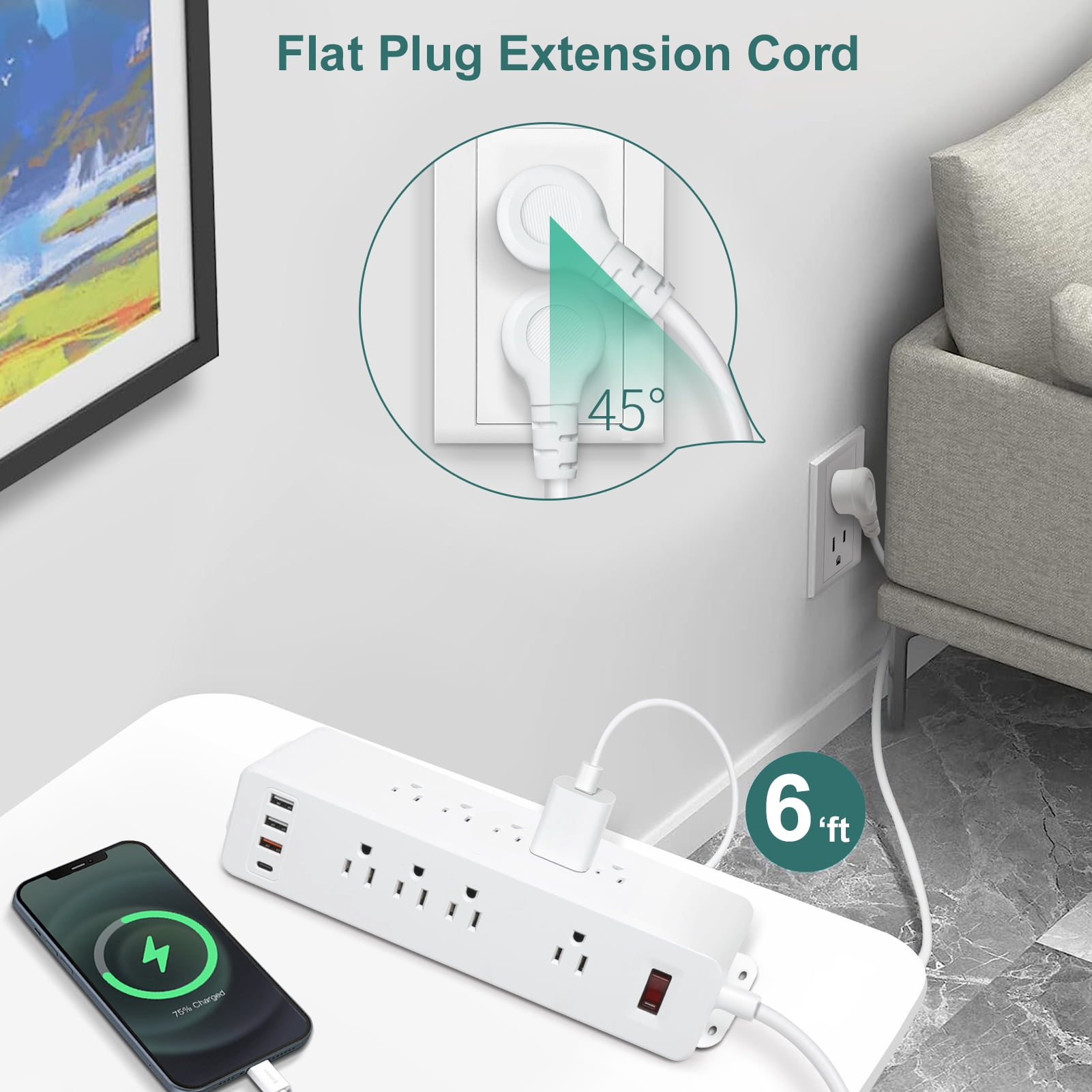 9 Outlets Wall Mount Power Strip with Fast Charge USB C, 13-in 1 Electrical Outlets