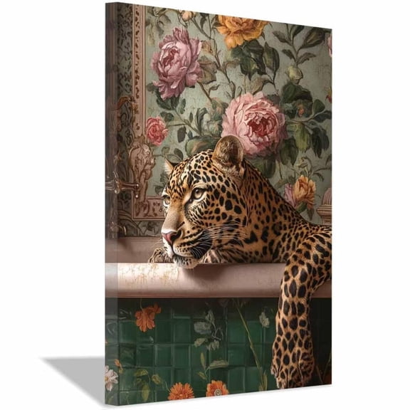 Mudket Framed Vintage Leopard in Bathtub Canvas Wall Art, Floral Bathroom Wall Decor, Stylish Animal Print Art Ready to Hang - 12"L x 8"W