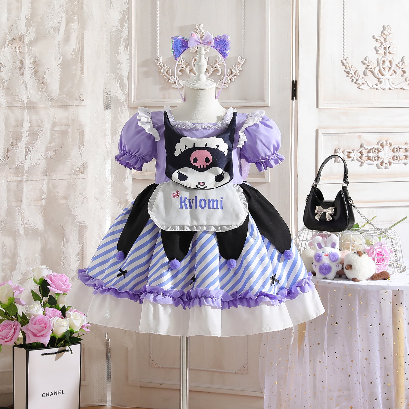 kuromi dress for birthday Inspired Toddler Girl, Gothic Kawaii Costume, Purple Black Dress, Cute Character Outfit, Handmade Party Dress DESIGN HIGHLIGHTS Kuromi Style Gowns for Kids