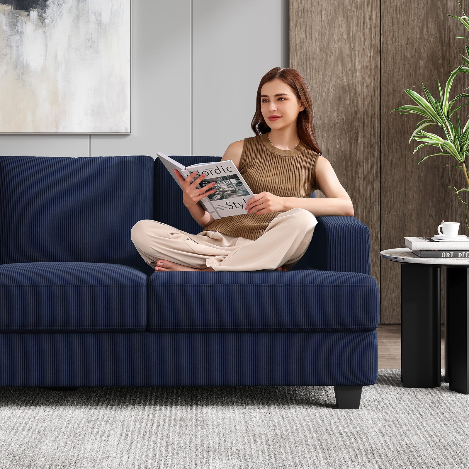 BLAZANT 89" Sofa Couch, 3 Seater Sofa with Suppleness Armrests, Corduroy Fabric Deep Seat Sofa with Upholstered Cushion& Backrests, Modern Comfy Couch for Living Room Apartment Office