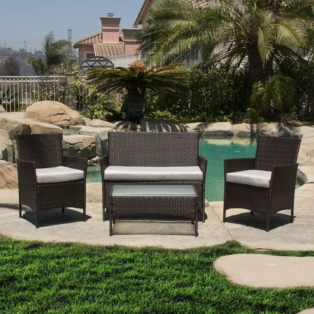4 Chair Patio Furniture BELLEZE 4 Piece Rattan Outdoor Patio Set 4 PC Furniture Outdoor Set Two Chairs One Glass Table One Sofa BN ()
