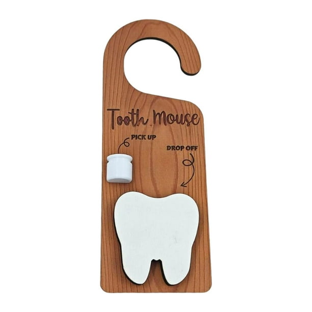 Colgador de puerta de madera con forma de diente, caja para recoger dientes, placa de madera, letrero decorativo para guardería con ratón de dientes