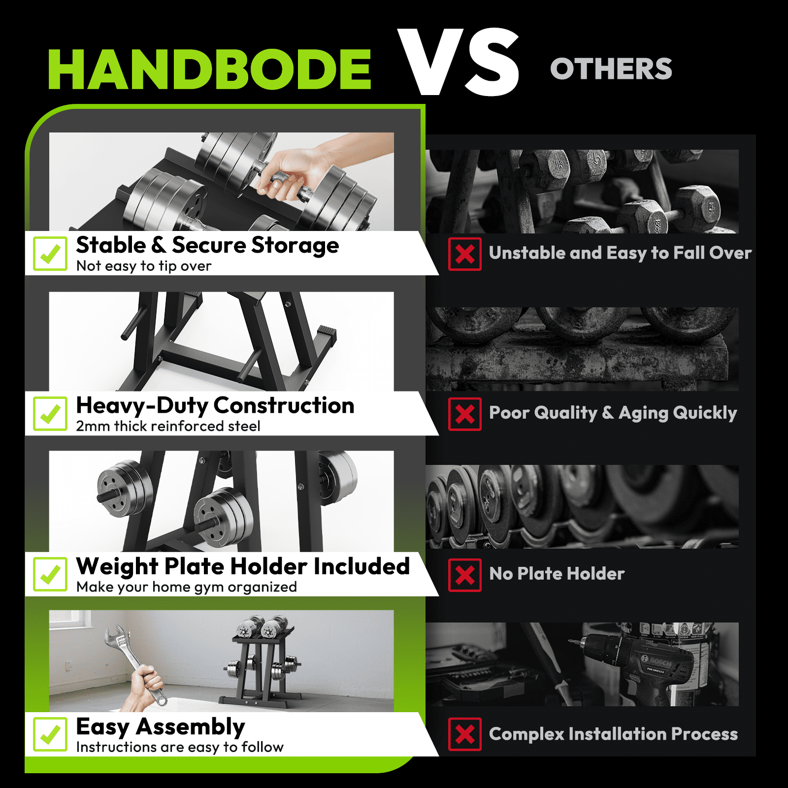 HANDBODE Adjustable Dumbbell Rack with Plate Storage, 500 lb Capacity, Space-Saving Storage Organizer for Classic Dumbbells, table for dumbbells, Heavy Duty Column Stand for Home Gym