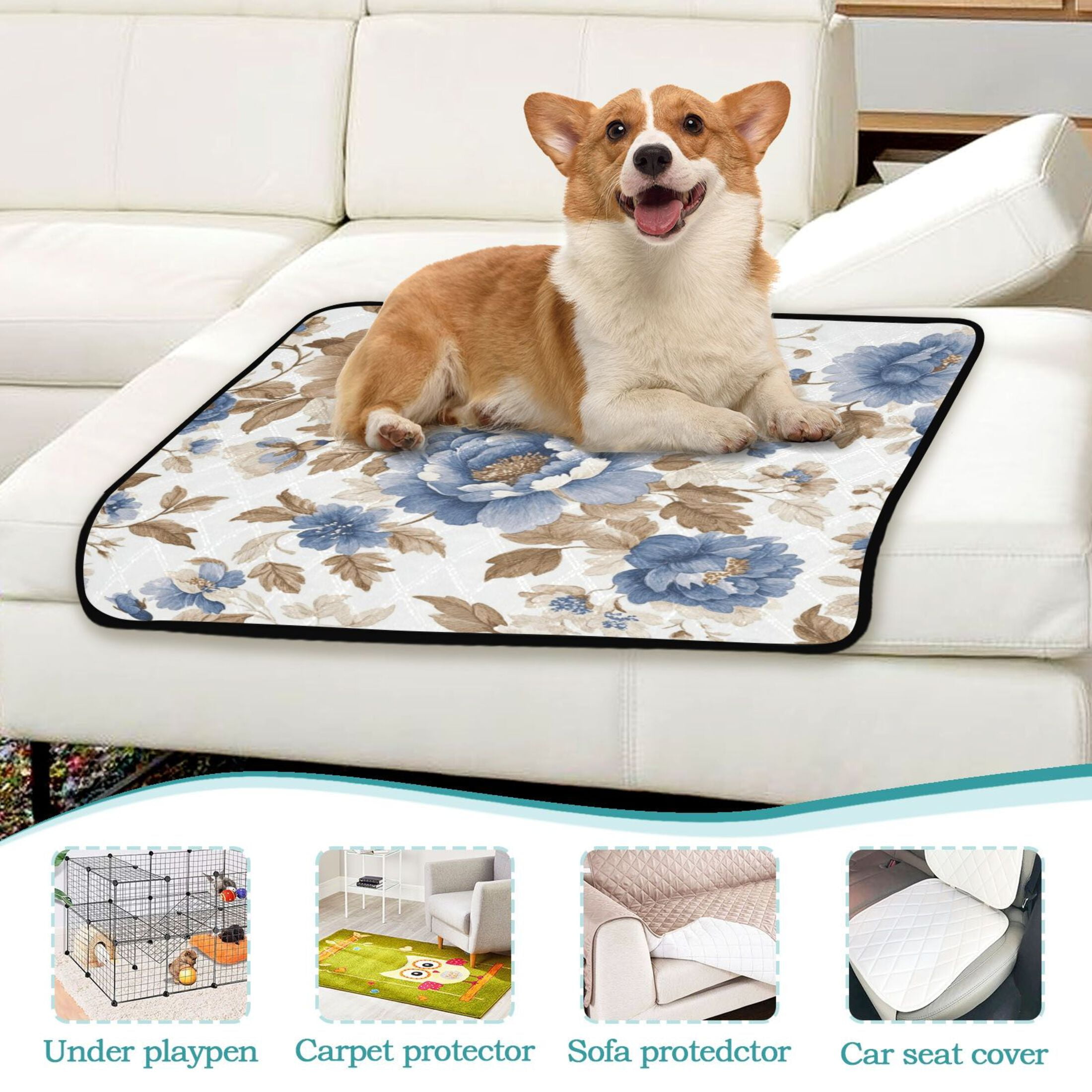 Qxltty Blue Peonies Dead Leaves Cat litter Pads Pet Set of 3 Diaper Mats Center Anti-leakage Layer Absorbent Soft and Comfortable