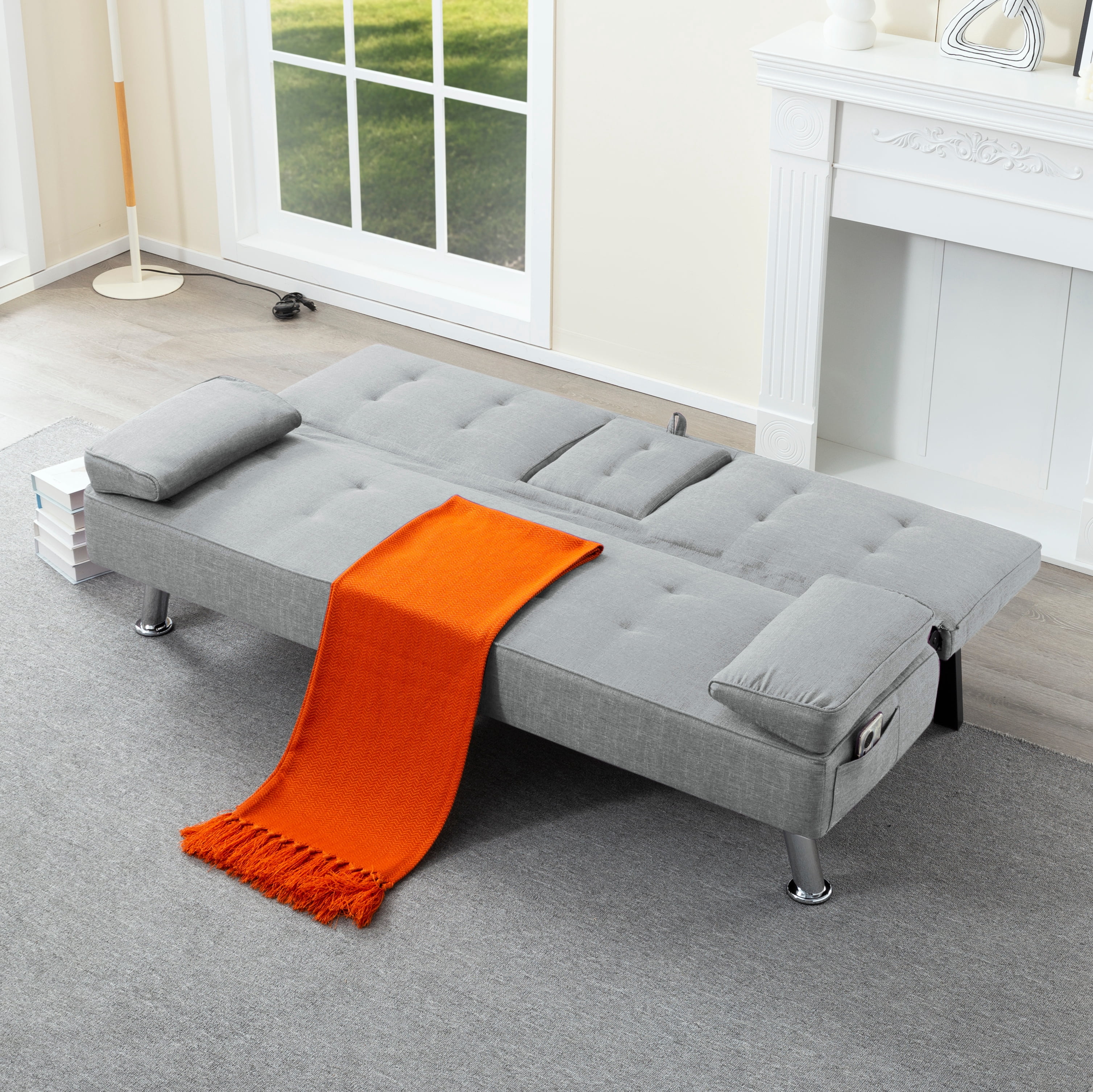 Gewnee 65.35" 3‑in‑1 Convertible Futon Sleeper Sofa,Sofa Bed with Cup Holders & Storage Bag ,Polyester Foldable Sleeper Couch with Adjustable Backrest for Small Apartments & Office，Light Grey