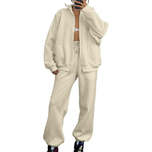 Innerwin Two Piece Outfit Long Sleeve Women Sweatsuits Jogging Solid Color Casual Tracksuit Sets Apricot L