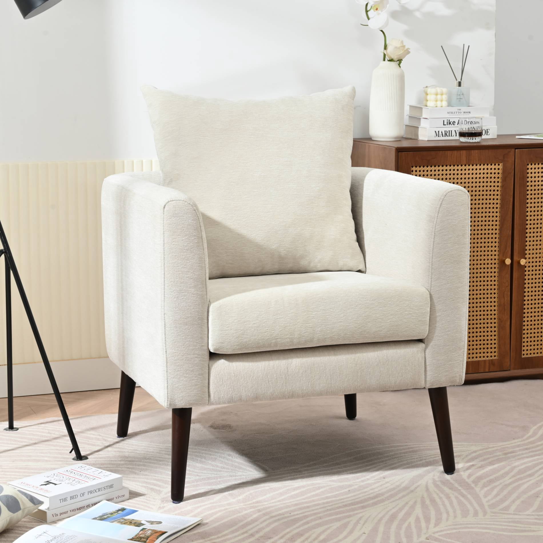 Barrel Accent Chair Upholstered Armchair with Back Pillow Modern Reading Chairs for Living Room, Beige