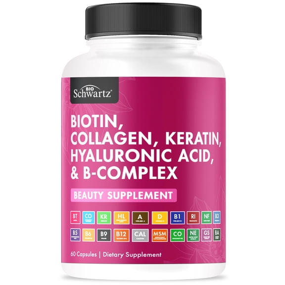BioSchwartz Biotin Collagen Keratin Supplement with Hyaluronic Acid & B-Complex Vitamins, 10,000 mcg Biotin, Non-GMO, 60 Capsules