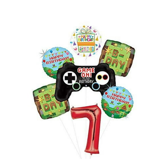Video Game 7th Birthday Party Supplies Miner Pixelated TNT Balloon Bouquet Decorations