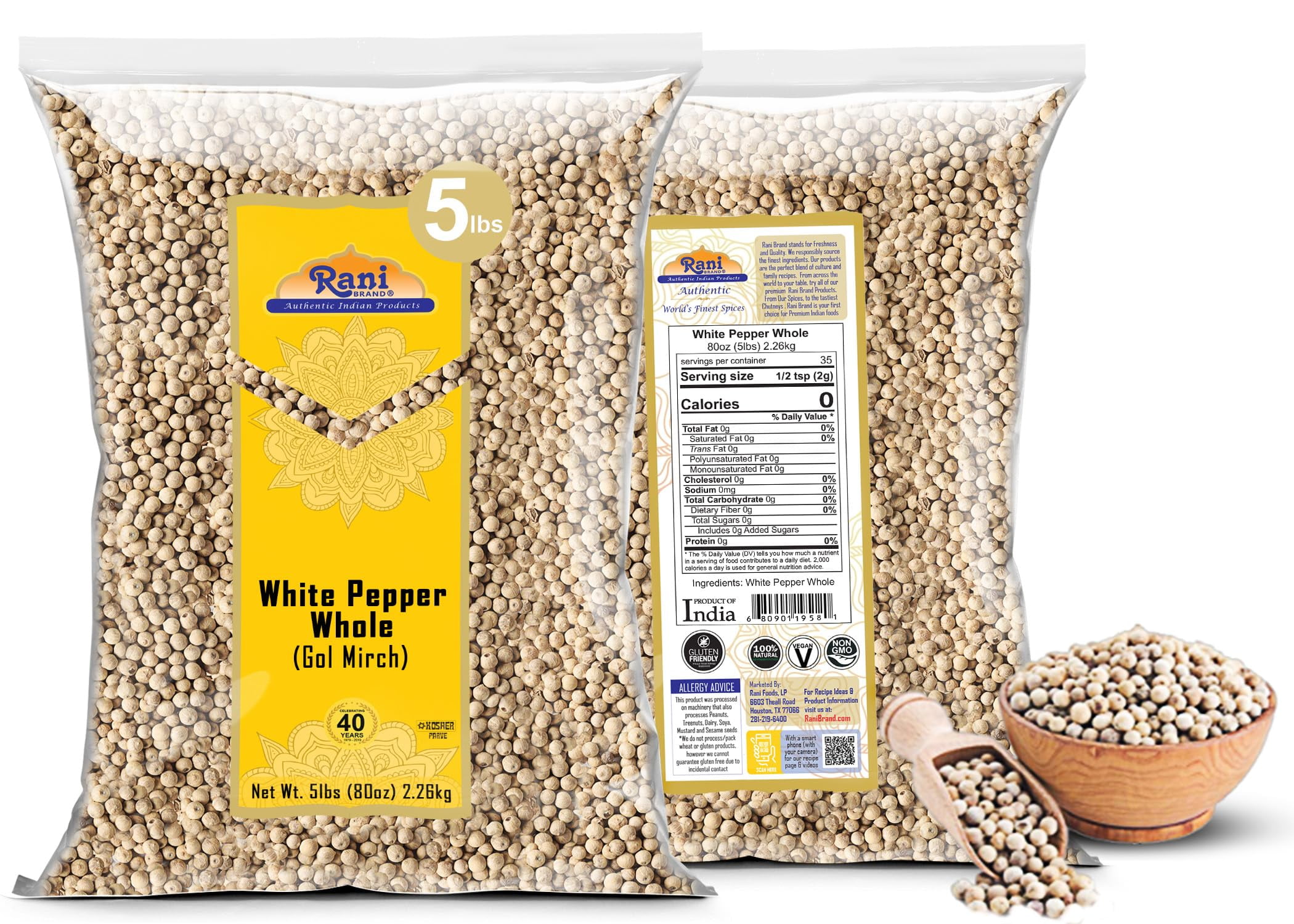 Rani White Pepper (Gol Mirch), Whole Spice 80oz (5lbs) 2.27kg Bulk ~ All Natural | Vegan | Gluten Friendly| NON-GMO | Kosher | Indian Origin