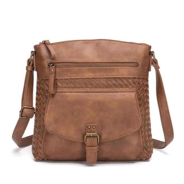 KouLi Buir Crossbody Purses for Women PU Leather Shoulder Handbags Multi Pockets Straw Weaving Design