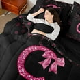 thumbnail image 4 of Manfei Personalized Initial Alphabet C Bedding Comforter Set 7 Pieces for Teens Adults,Kawaii Ribbon Bowtie Full Bedding Set Lightweight,Black Pink Fitted Sheet Flat Sheet,Blingg Litter Home Decor, 4 of 8