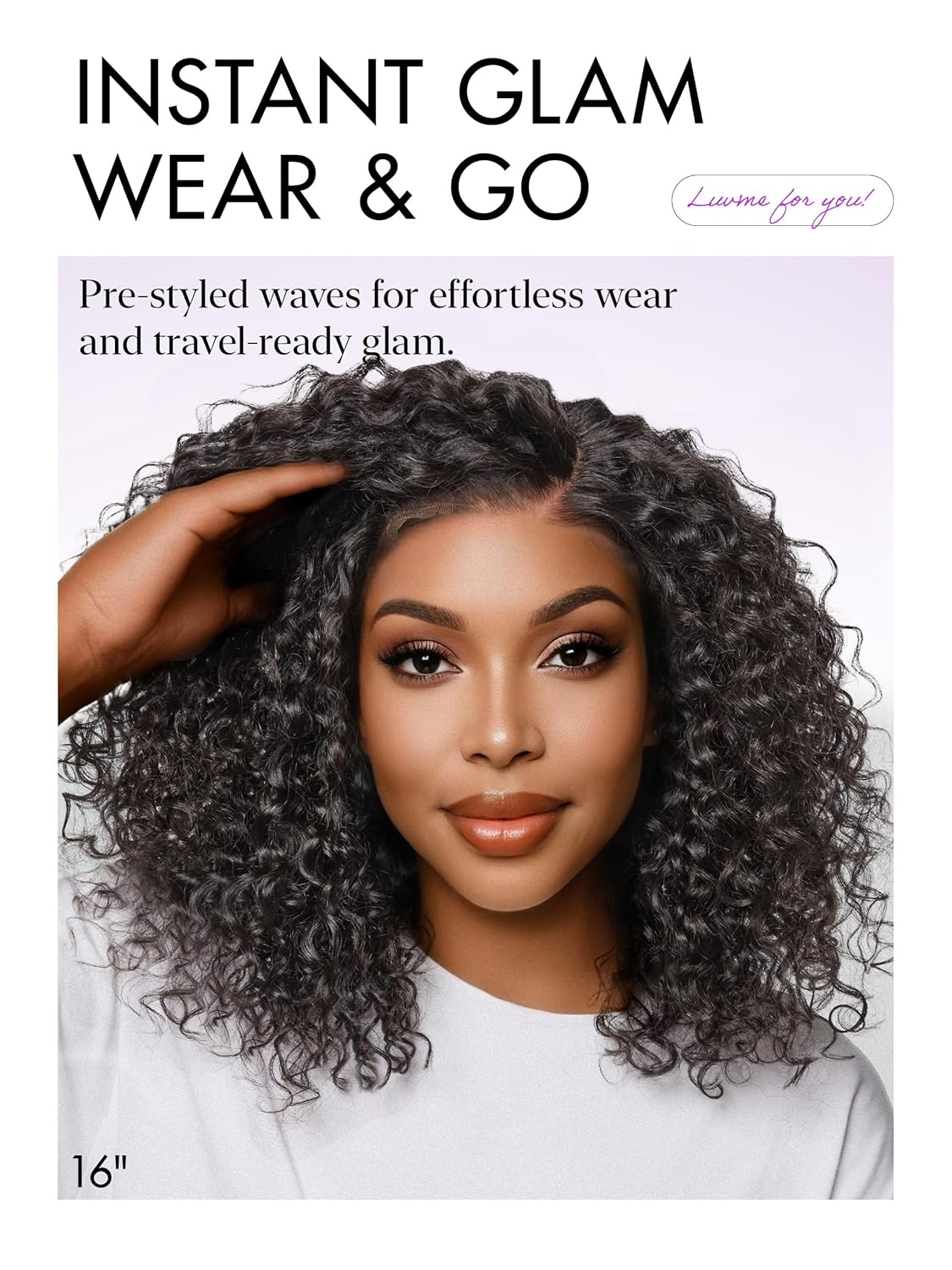 LUVME Deep Wave Glueless HD Lace 100% Human Hair Short Wigs 16" Pre Cut Plucked Natural Color Side Part Black