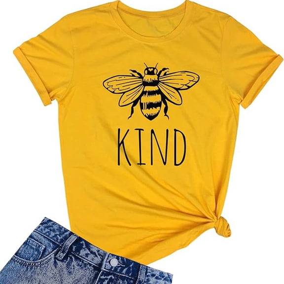 Alun Summer Short Sleeve T Shirts for Women Fashion Cute Honeybee Graphic Crewneck Tee Shirts Soft Comfortable Breathable Workout Leisure Daily Wear Tops Yellow XL