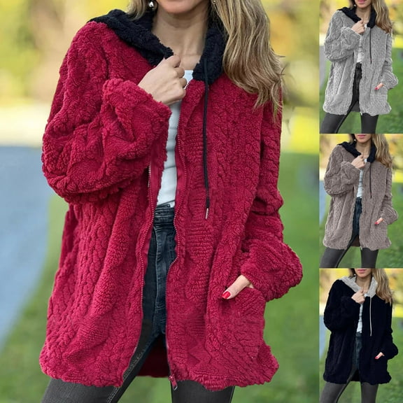 jtjvou Women's Fleece Hooded Coat Zip up Long Sleeve Fuzzy Tunic Jackets with Pockets Warm Plus Size Patchwork Coats Black L