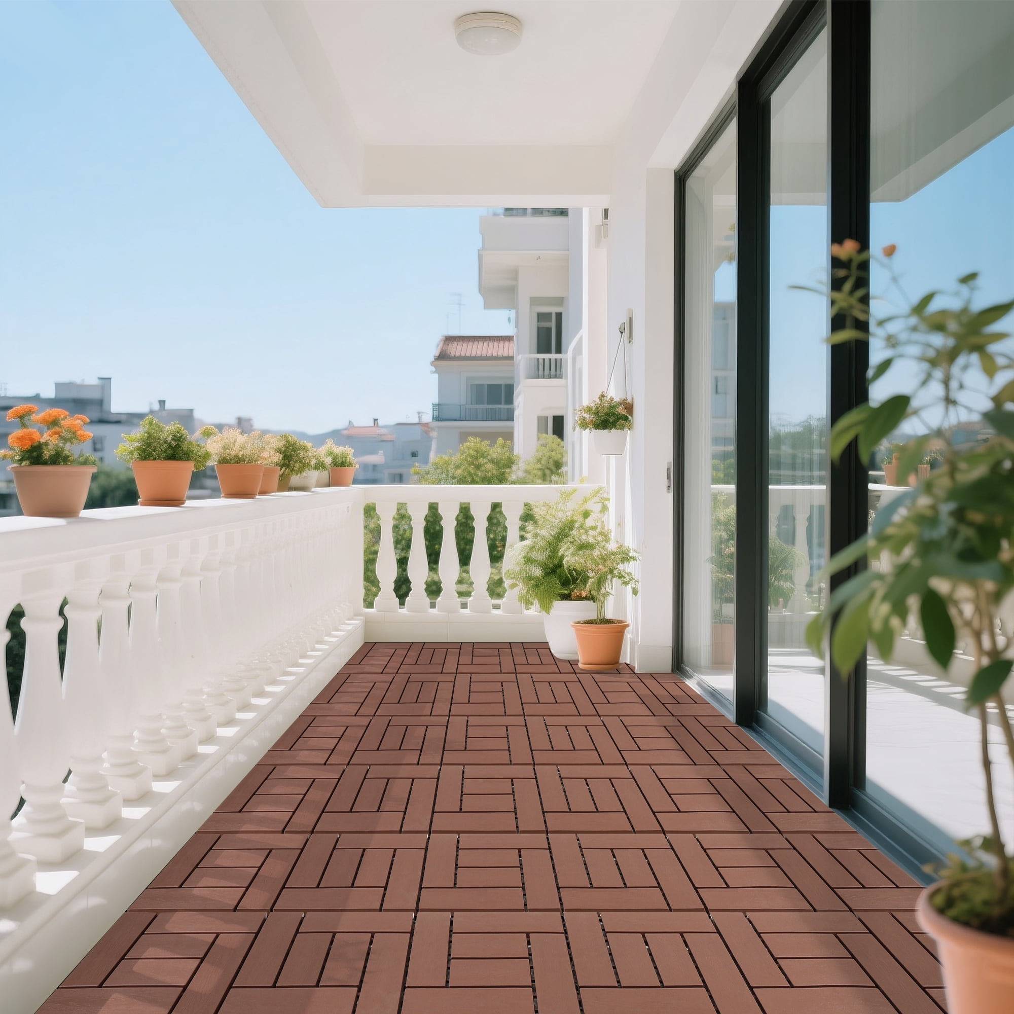 44 PCS 12-Inch ZZ Style Interlocking Deck Tiles Brown DIY Modular Floor Tiles Indoor Outdoor Courtyard Balcony Bathroom Quick Install Flooring