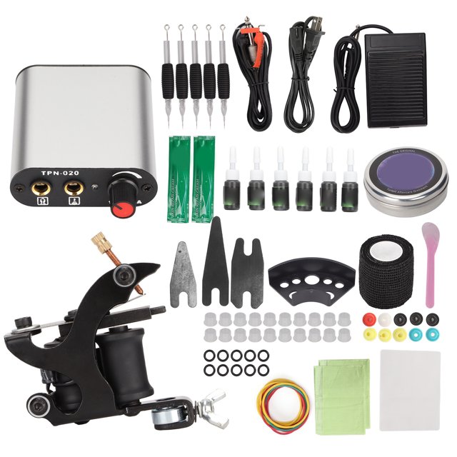 Máquina de bobina, fuente de alimentación, piel de práctica, tinta, crema reparadora, pedal - Ideal para principiantes (90-265 V, enchufe estadounidense) Kit de tatuaje completo