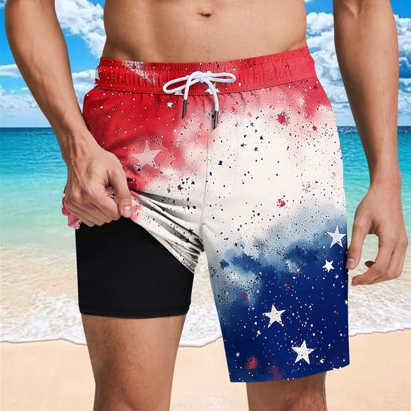 LEKWK Mens Swim Trunks Patriotic American Flag Print Quick-Dry Compression Liner Elastic Waist Beach Vacation Swim Trunks Trendy 4Th Of July Wear