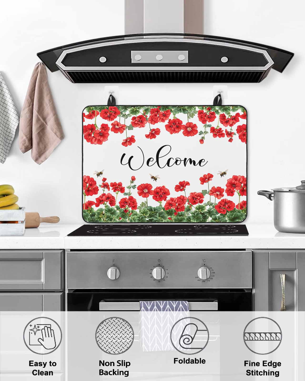 nqOlkjepod Large Induction Cooktop Protector Mat 36"x21", Red Spring Floral Stove Top Covers for Electric Stove, Welcome Green Botanical Watercolor Stove Burner Cover Mats, Glass Top Stove Cover