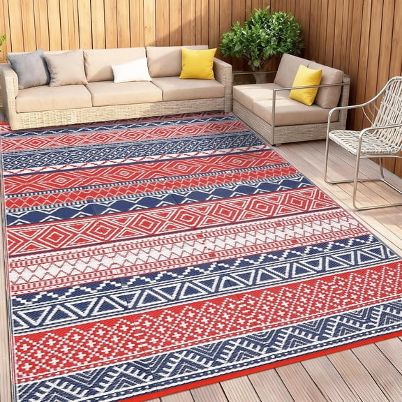 10x20 Ft Outdoor Rug Patio Rug Non Slip Stain Resistant Boho Red/Navy Blue