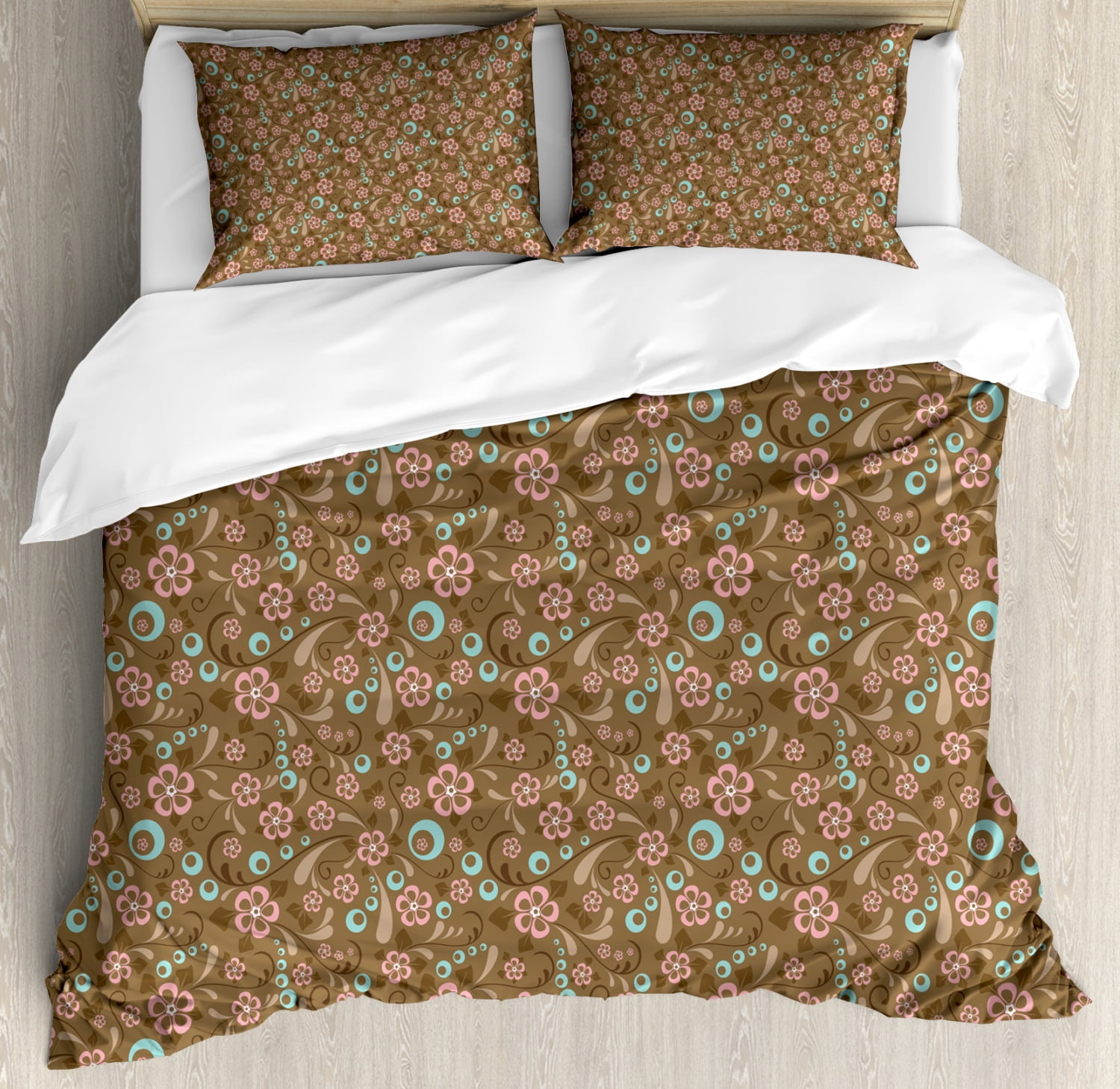 Brown And Blue Duvet Cover Set Floral Pattern With Swirls Circles