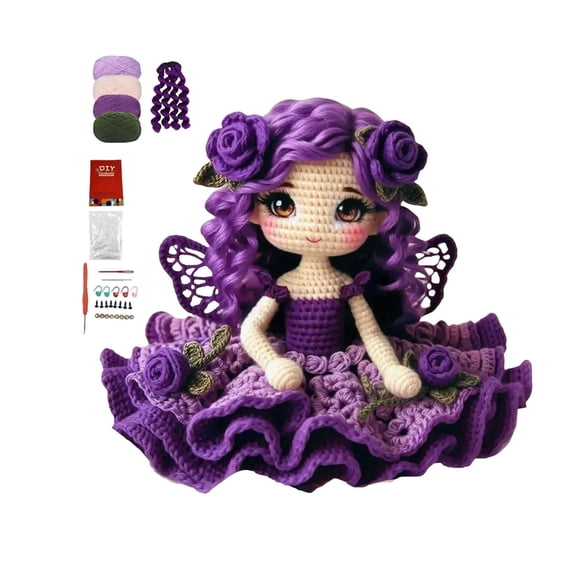 DIY Rose Fairy Crochet Doll Kit Complete Knitting Craft Pack For Handmade Doll Ornament Making(Purple-25x21x8cm)